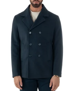 Cappotto Uomo Corto Doppiopetto Martingala Giaccone In Panno Blu CO1099A