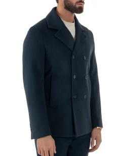 Cappotto Uomo Corto Doppiopetto Martingala Giaccone In Panno Blu CO1099A