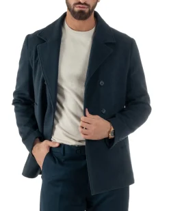 Cappotto Uomo Corto Doppiopetto Martingala Giaccone In Panno Blu CO1099A