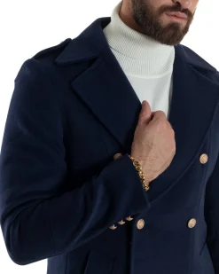Cappotto Uomo Doppiopetto Lungo Revers A Lancia Tessuto Panno Bottoni Oro Blu CO1081A
