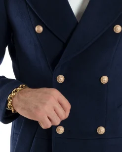 Cappotto Uomo Doppiopetto Lungo Revers A Lancia Tessuto Panno Bottoni Oro Blu CO1081A