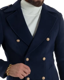 Cappotto Uomo Doppiopetto Lungo Revers A Lancia Tessuto Panno Bottoni Oro Blu CO1081A