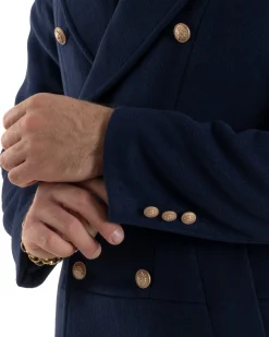 Cappotto Uomo Doppiopetto Lungo Revers A Lancia Tessuto Panno Bottoni Oro Blu CO1081A