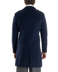 Cappotto Uomo Doppiopetto Lungo Revers A Lancia Tessuto Panno Bottoni Oro Blu CO1081A
