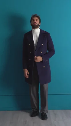 Cappotto Uomo Doppiopetto Lungo Revers A Lancia Tessuto Panno Bottoni Oro Blu CO1081A