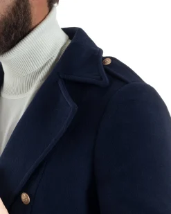 Cappotto Uomo Doppiopetto Lungo Revers A Lancia Tessuto Panno Bottoni Oro Blu CO1081A