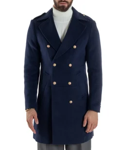 Cappotto Uomo Doppiopetto Lungo Revers A Lancia Tessuto Panno Bottoni Oro Blu CO1081A