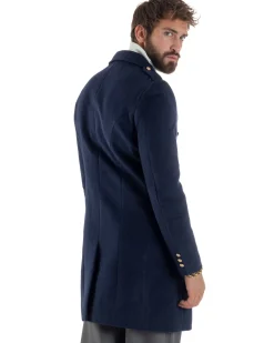Cappotto Uomo Doppiopetto Lungo Revers A Lancia Tessuto Panno Bottoni Oro Blu CO1081A