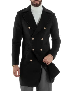 Cappotto Uomo Doppiopetto Lungo Revers A Lancia Tessuto Panno Bottoni Oro Nero CO1079A