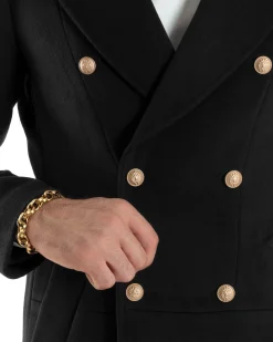 Cappotto Uomo Doppiopetto Lungo Revers A Lancia Tessuto Panno Bottoni Oro Nero CO1079A