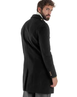 Cappotto Uomo Doppiopetto Lungo Revers A Lancia Tessuto Panno Bottoni Oro Nero CO1079A
