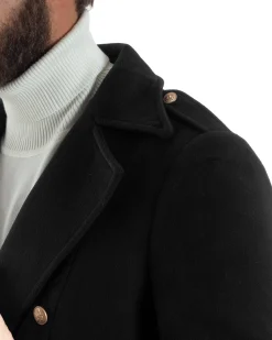Cappotto Uomo Doppiopetto Lungo Revers A Lancia Tessuto Panno Bottoni Oro Nero CO1079A