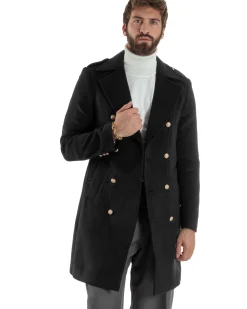 Cappotto Uomo Doppiopetto Lungo Revers A Lancia Tessuto Panno Bottoni Oro Nero CO1079A
