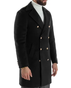 Cappotto Uomo Doppiopetto Lungo Revers A Lancia Tessuto Panno Bottoni Oro Nero CO1079A