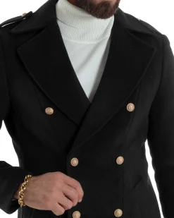 Cappotto Uomo Doppiopetto Lungo Revers A Lancia Tessuto Panno Bottoni Oro Nero CO1079A