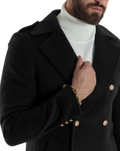 Cappotto Uomo Doppiopetto Lungo Revers A Lancia Tessuto Panno Bottoni Oro Nero CO1079A