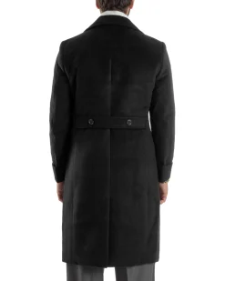 Cappotto Uomo Doppiopetto Lungo Revers A Lancia Tessuto Panno Tinta Unita Nero CO1085A