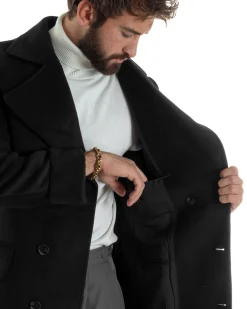 Cappotto Uomo Doppiopetto Lungo Revers A Lancia Tessuto Panno Tinta Unita Nero CO1085A