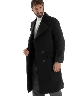 Cappotto Uomo Doppiopetto Lungo Revers A Lancia Tessuto Panno Tinta Unita Nero CO1085A