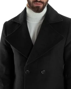 Cappotto Uomo Doppiopetto Lungo Revers A Lancia Tessuto Panno Tinta Unita Nero CO1085A