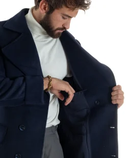 Cappotto Uomo Doppiopetto Lungo Revers A Lancia Tessuto Panno Tinta Unita Blu CO1087A
