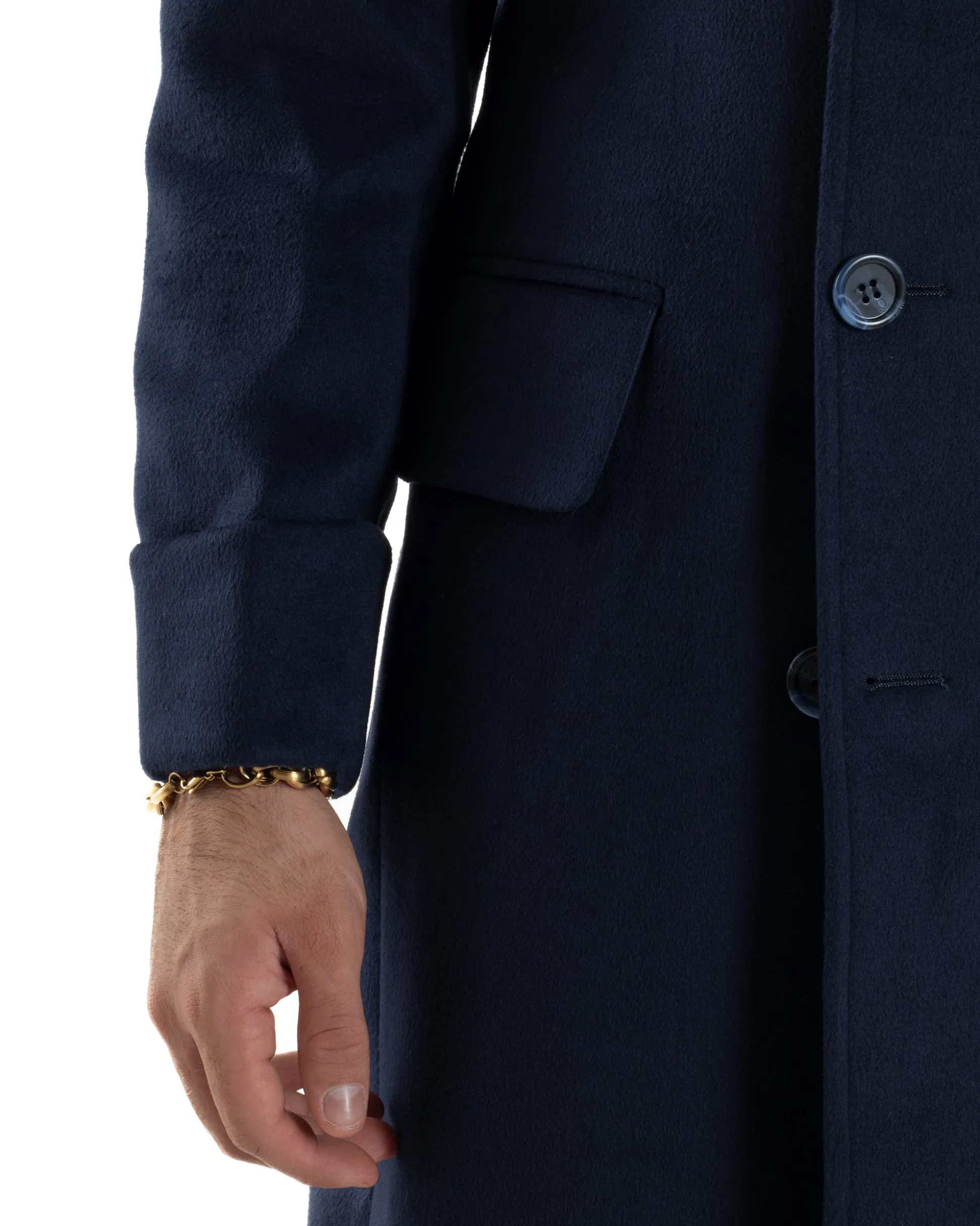 Cappotto Uomo Doppiopetto Lungo Revers A Lancia Tessuto Panno Tinta Unita Blu CO1087A
