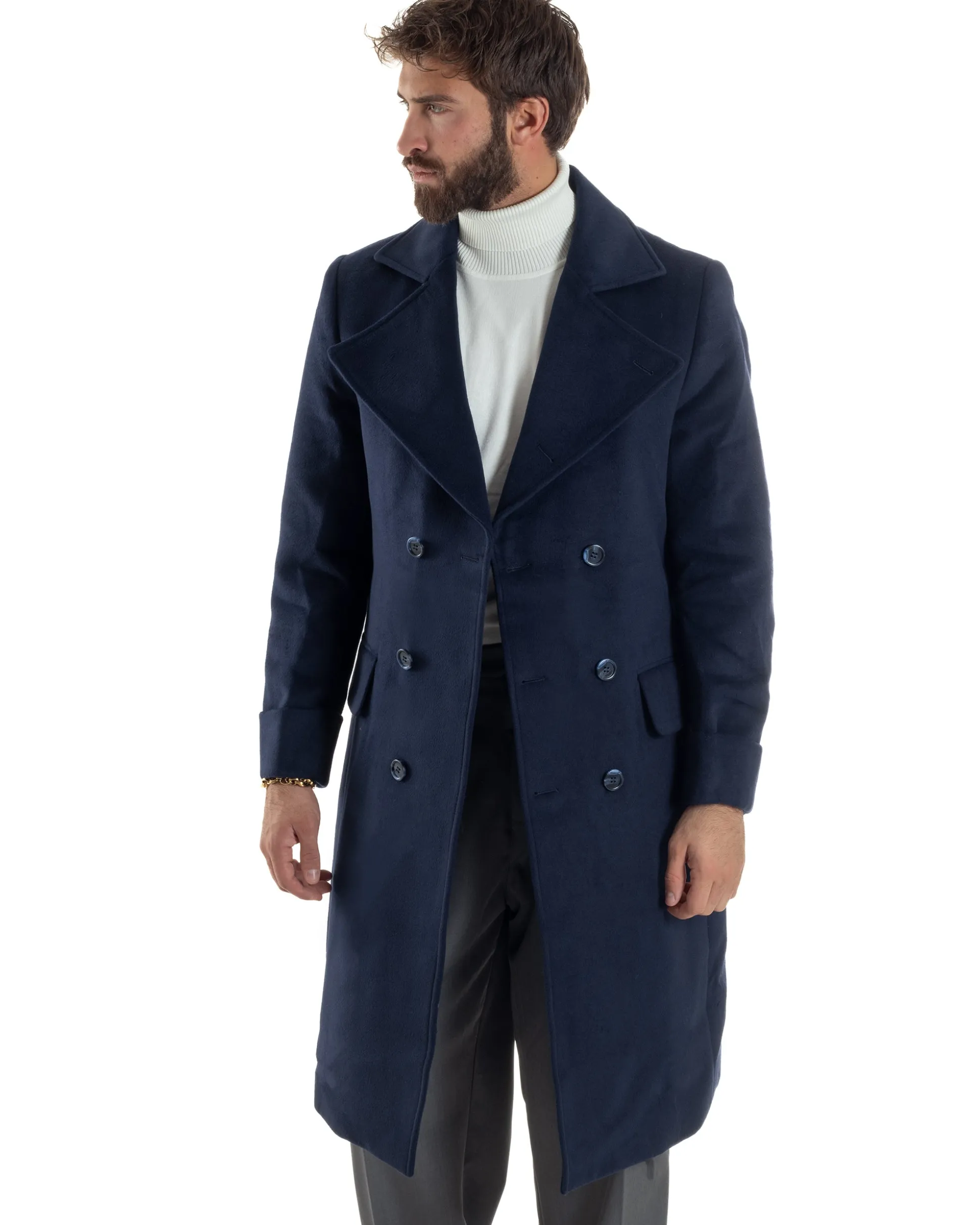 Cappotto Uomo Doppiopetto Lungo Revers A Lancia Tessuto Panno Tinta Unita Blu CO1087A