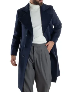 Cappotto Uomo Doppiopetto Lungo Revers A Lancia Tessuto Panno Tinta Unita Blu CO1087A