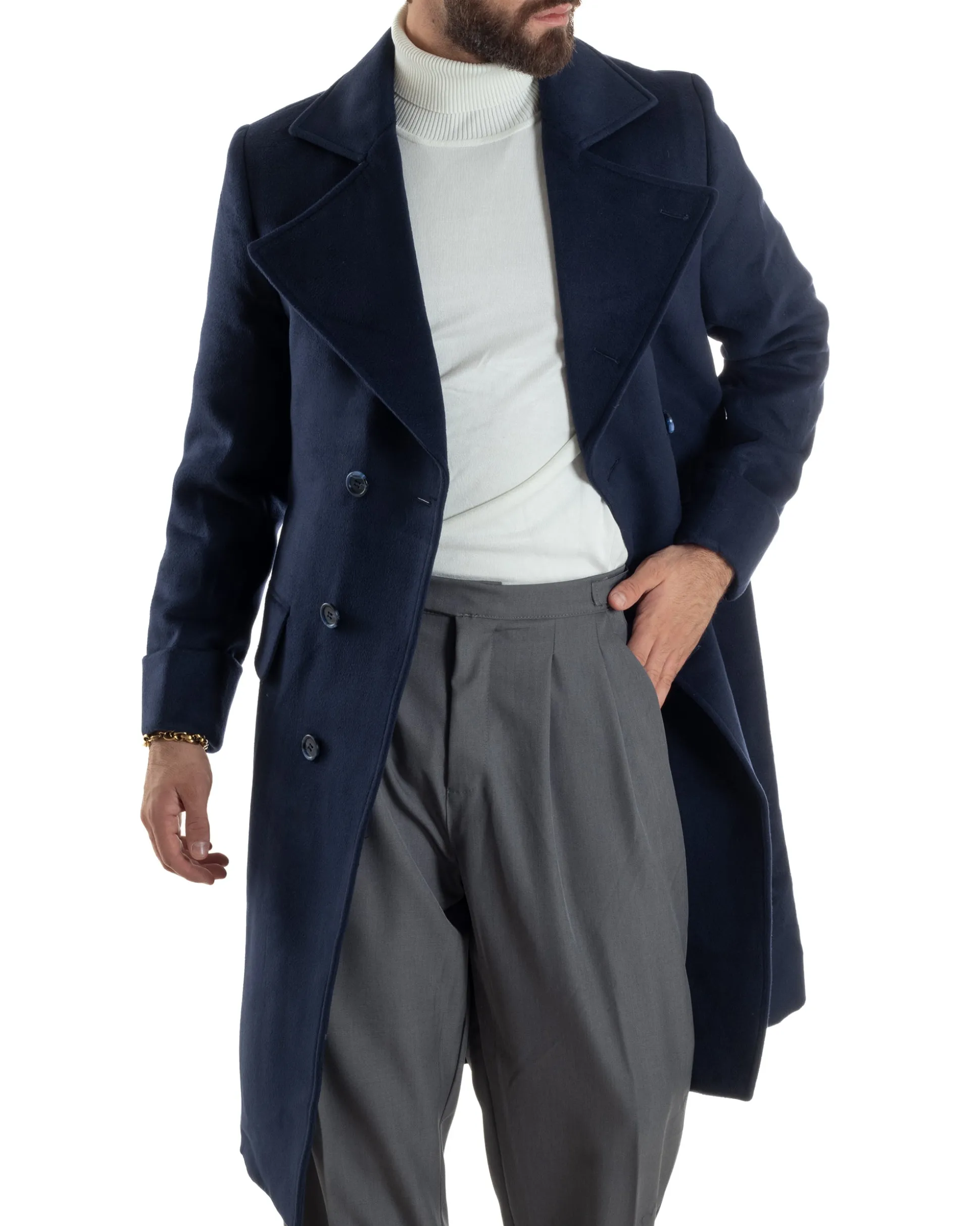 Cappotto Uomo Doppiopetto Lungo Revers A Lancia Tessuto Panno Tinta Unita Blu CO1087A