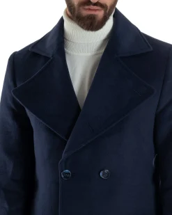 Cappotto Uomo Doppiopetto Lungo Revers A Lancia Tessuto Panno Tinta Unita Blu CO1087A