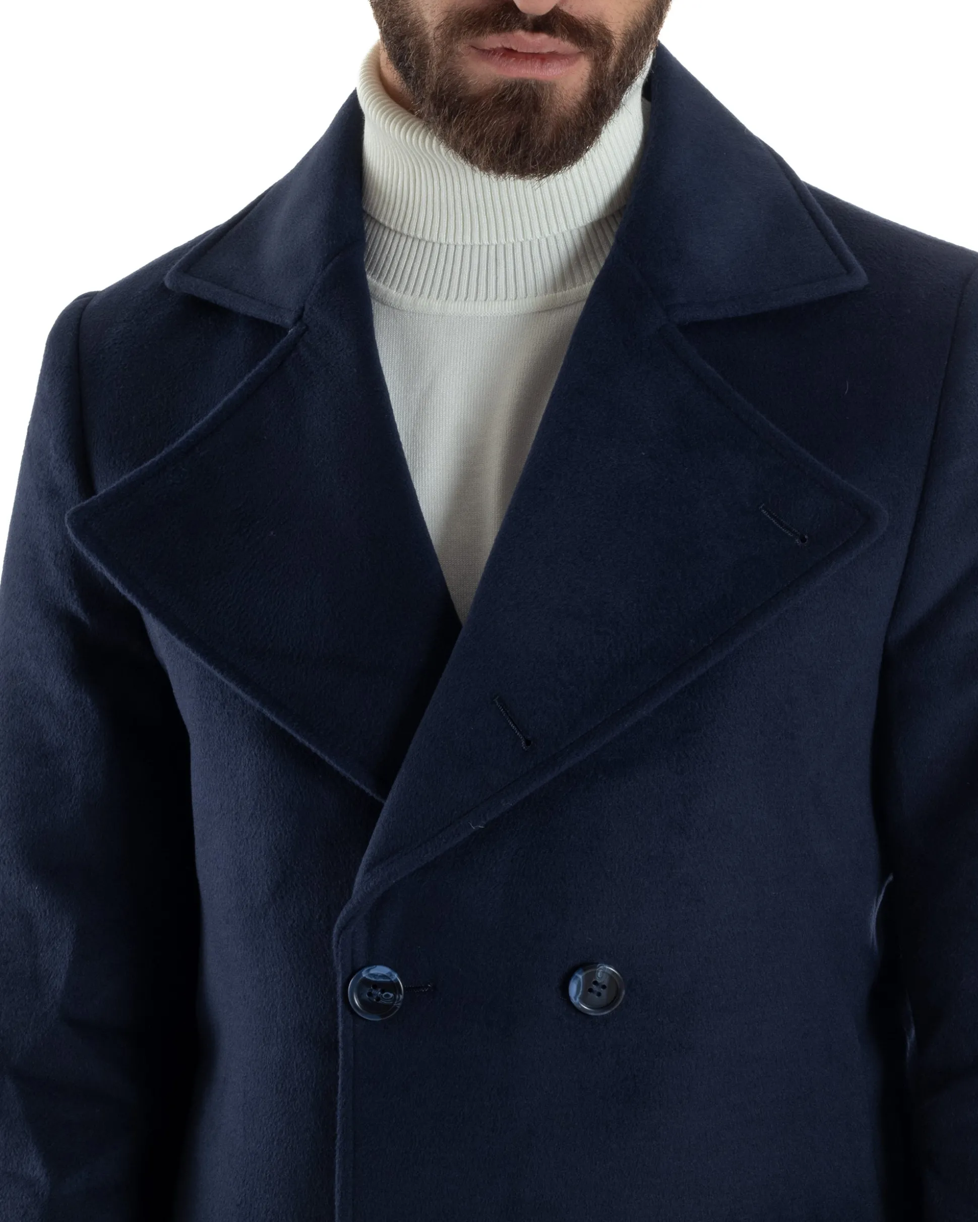 Cappotto Uomo Doppiopetto Lungo Revers A Lancia Tessuto Panno Tinta Unita Blu CO1087A