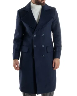 Cappotto Uomo Doppiopetto Lungo Revers A Lancia Tessuto Panno Tinta Unita Blu CO1087A