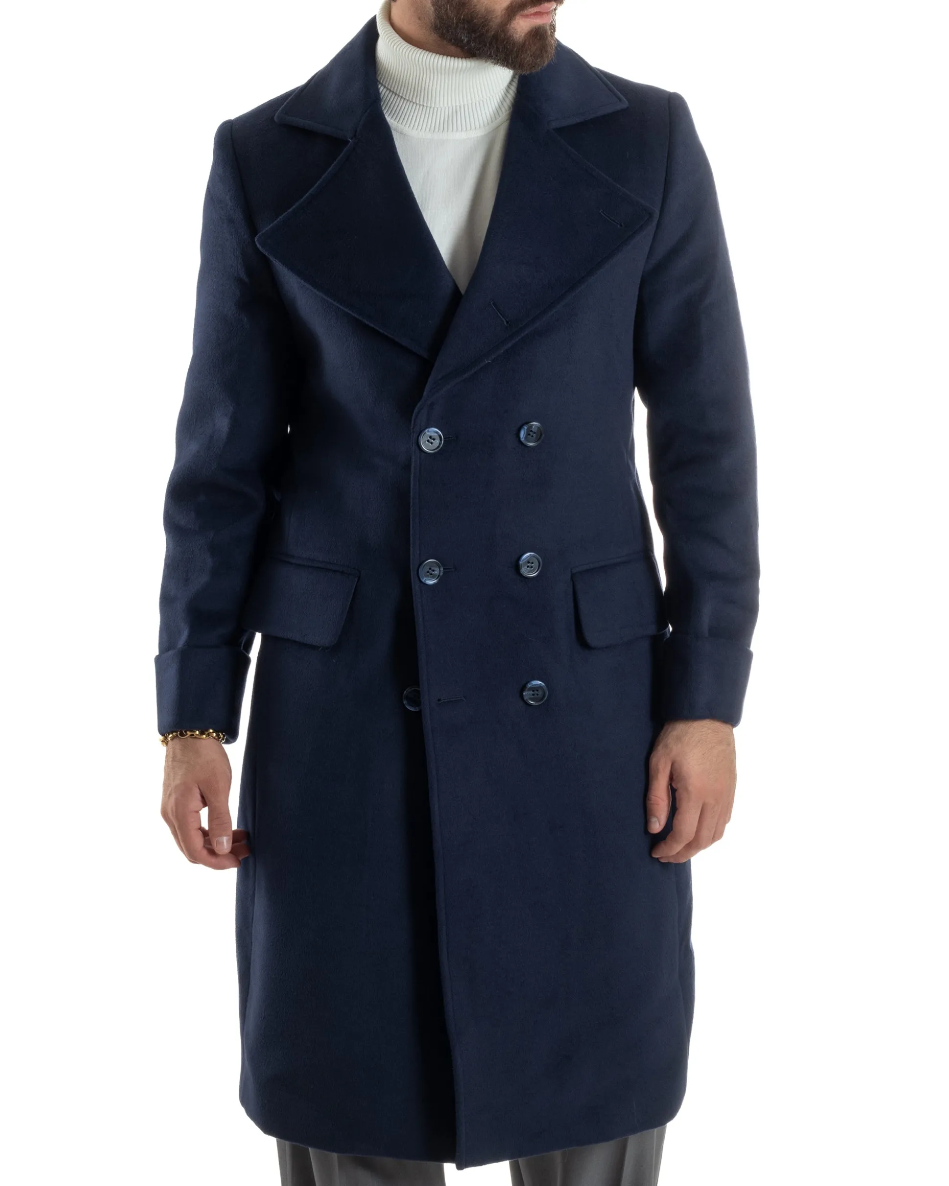 Cappotto Uomo Doppiopetto Lungo Revers A Lancia Tessuto Panno Tinta Unita Blu CO1087A