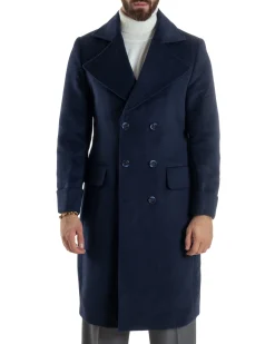 Cappotto Uomo Doppiopetto Lungo Revers A Lancia Tessuto Panno Tinta Unita Blu CO1087A