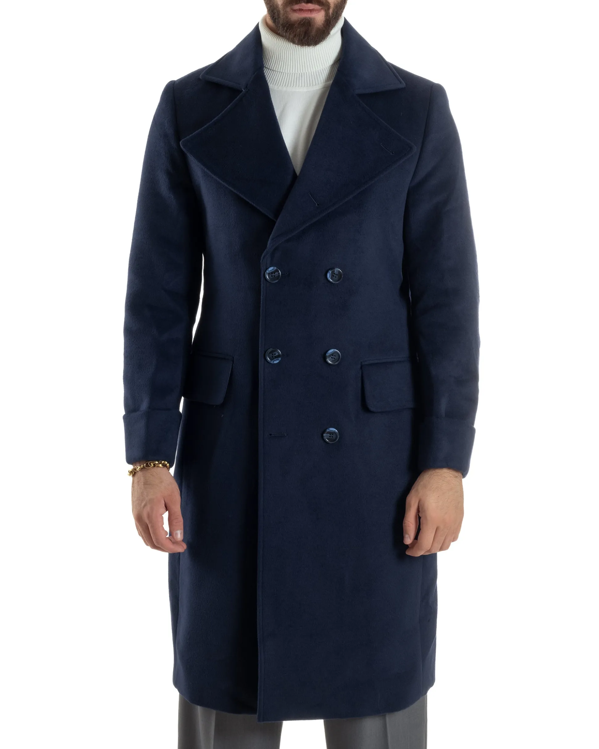 Cappotto Uomo Doppiopetto Lungo Revers A Lancia Tessuto Panno Tinta Unita Blu CO1087A