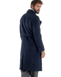 Cappotto Uomo Doppiopetto Lungo Revers A Lancia Tessuto Panno Tinta Unita Blu CO1087A