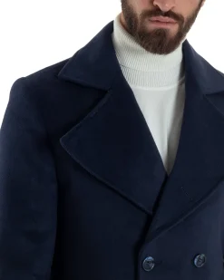 Cappotto Uomo Doppiopetto Lungo Revers A Lancia Tessuto Panno Tinta Unita Blu CO1087A