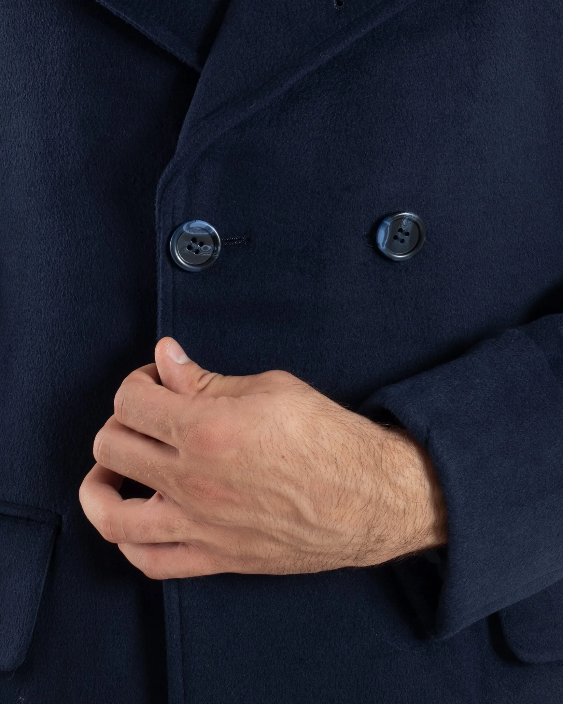 Cappotto Uomo Doppiopetto Lungo Revers A Lancia Tessuto Panno Tinta Unita Blu CO1087A
