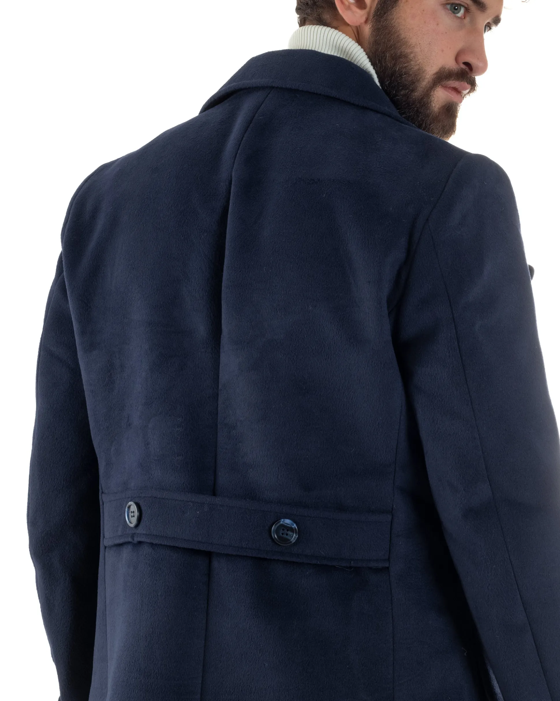 Cappotto Uomo Doppiopetto Lungo Revers A Lancia Tessuto Panno Tinta Unita Blu CO1087A