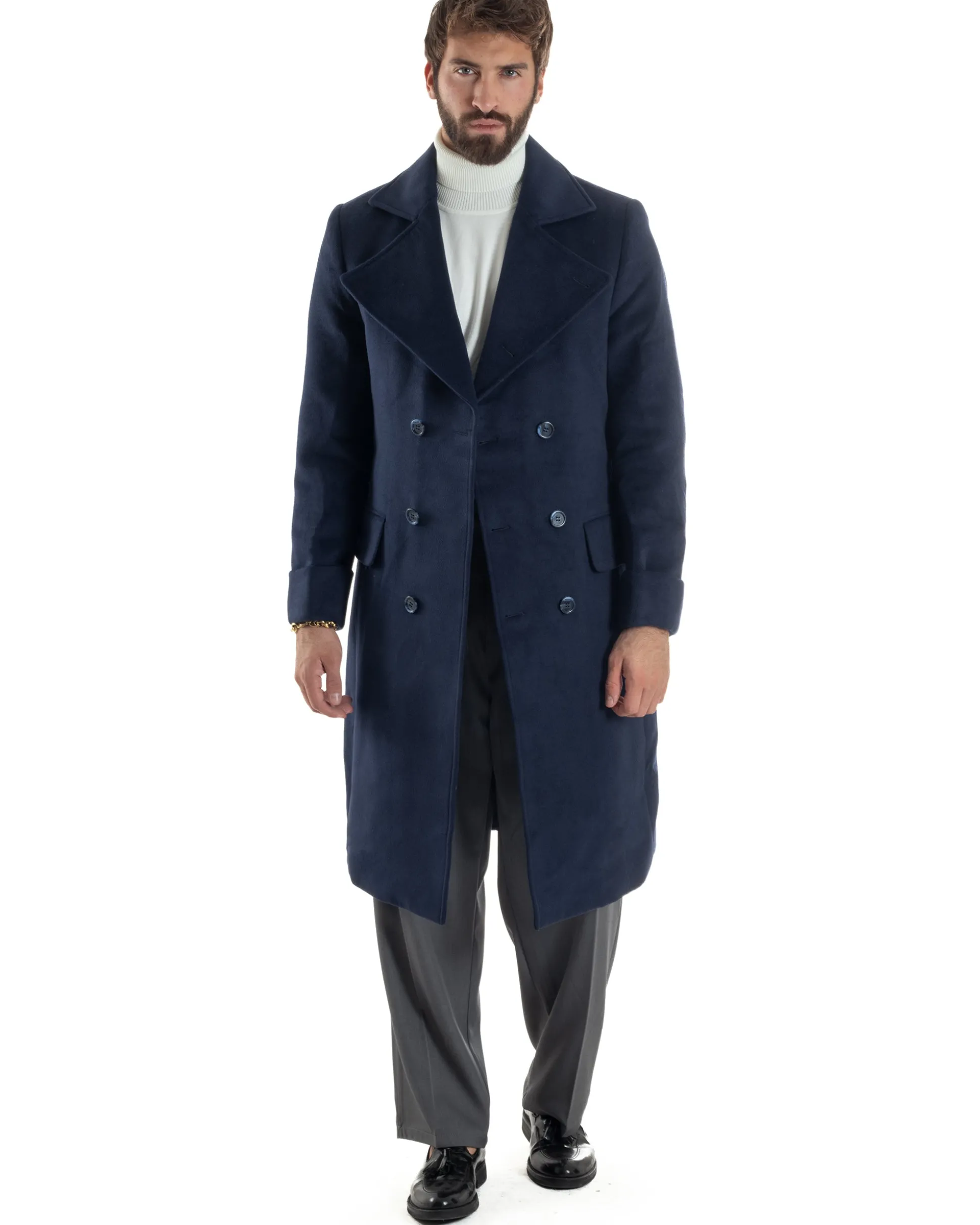 Cappotto Uomo Doppiopetto Lungo Revers A Lancia Tessuto Panno Tinta Unita Blu CO1087A