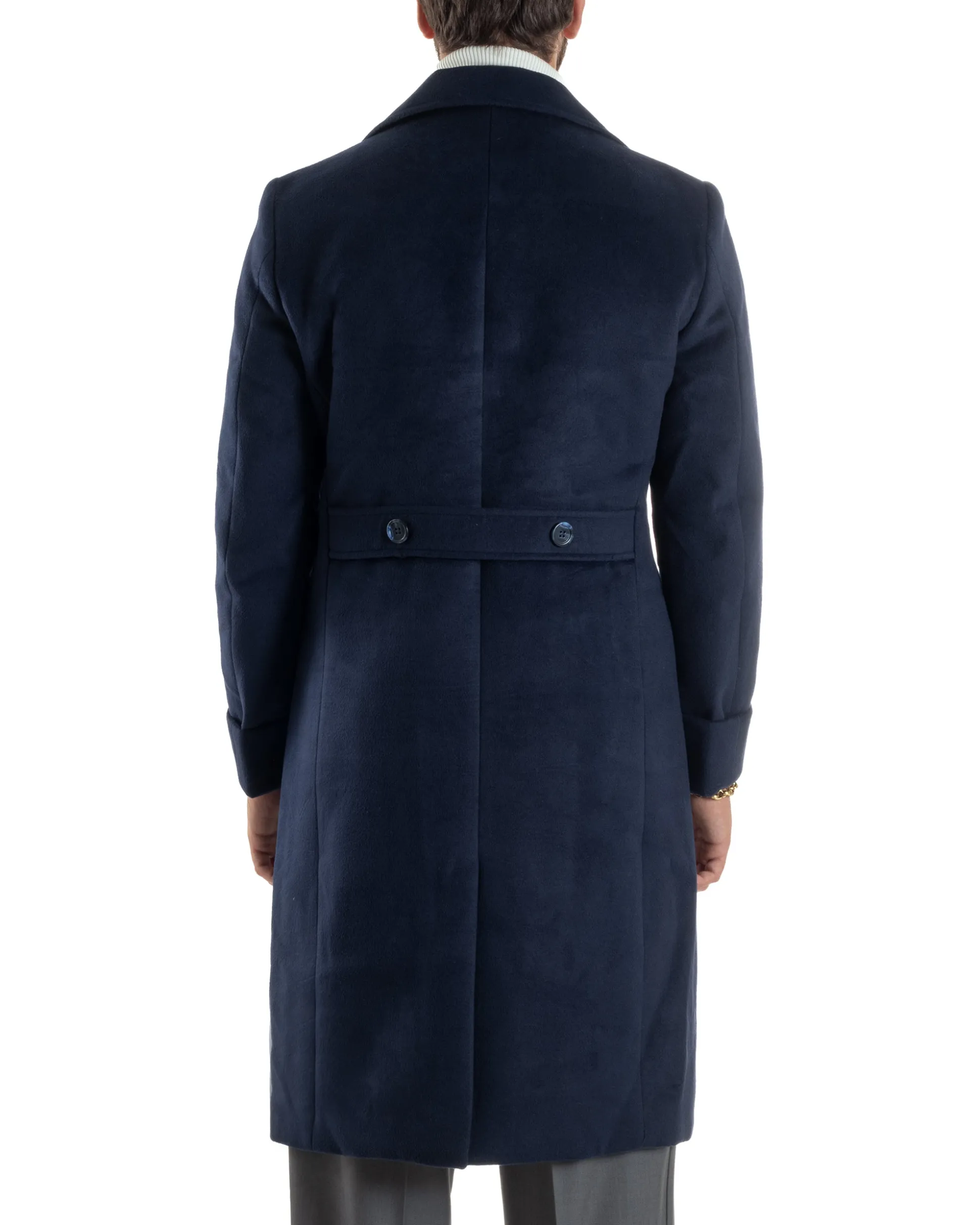 Cappotto Uomo Doppiopetto Lungo Revers A Lancia Tessuto Panno Tinta Unita Blu CO1087A