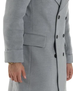 Cappotto Uomo Doppiopetto Lungo Revers A Lancia Tessuto Panno Tinta Unita Grigio CO1084A