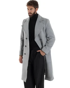 Cappotto Uomo Doppiopetto Lungo Revers A Lancia Tessuto Panno Tinta Unita Grigio CO1084A
