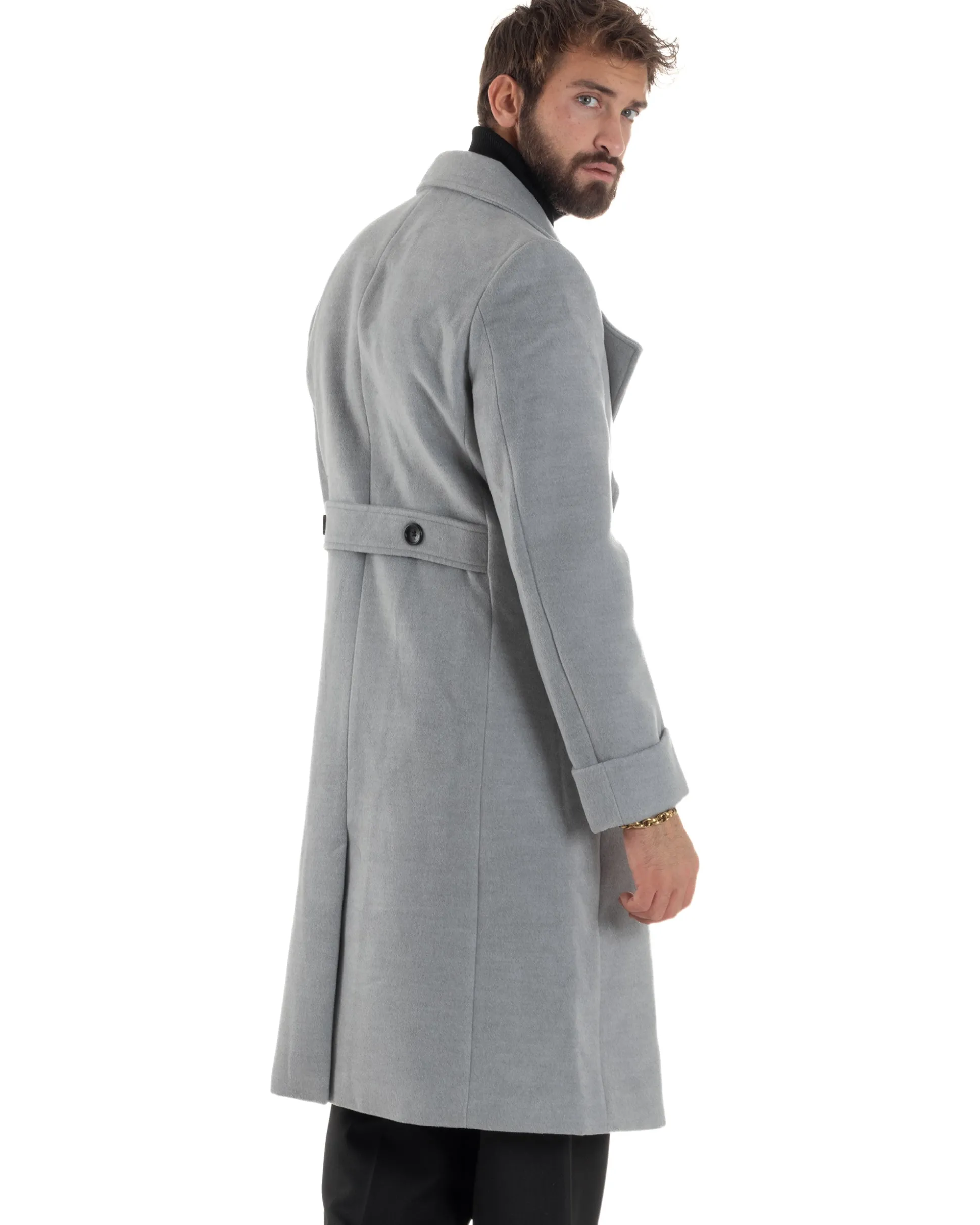 Cappotto Uomo Doppiopetto Lungo Revers A Lancia Tessuto Panno Tinta Unita Grigio CO1084A
