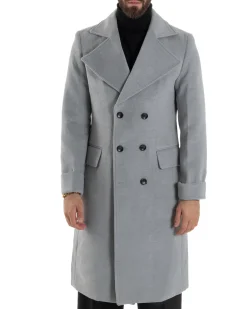 Cappotto Uomo Doppiopetto Lungo Revers A Lancia Tessuto Panno Tinta Unita Grigio CO1084A