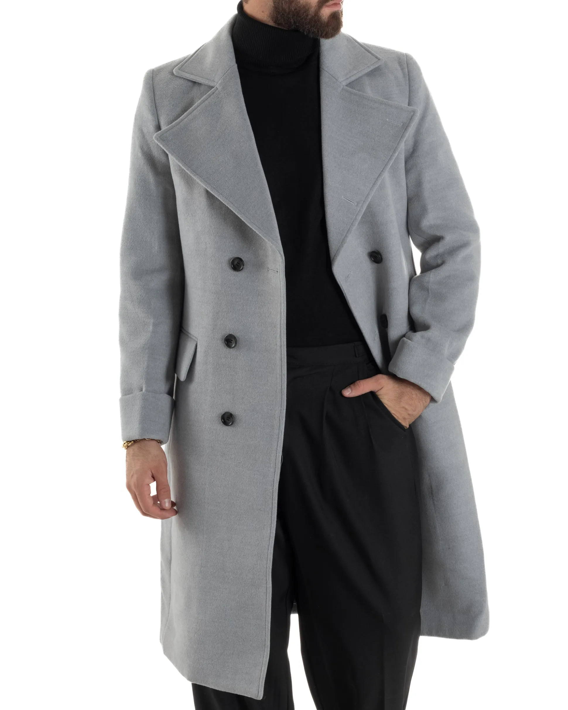 Cappotto Uomo Doppiopetto Lungo Revers A Lancia Tessuto Panno Tinta Unita Grigio CO1084A