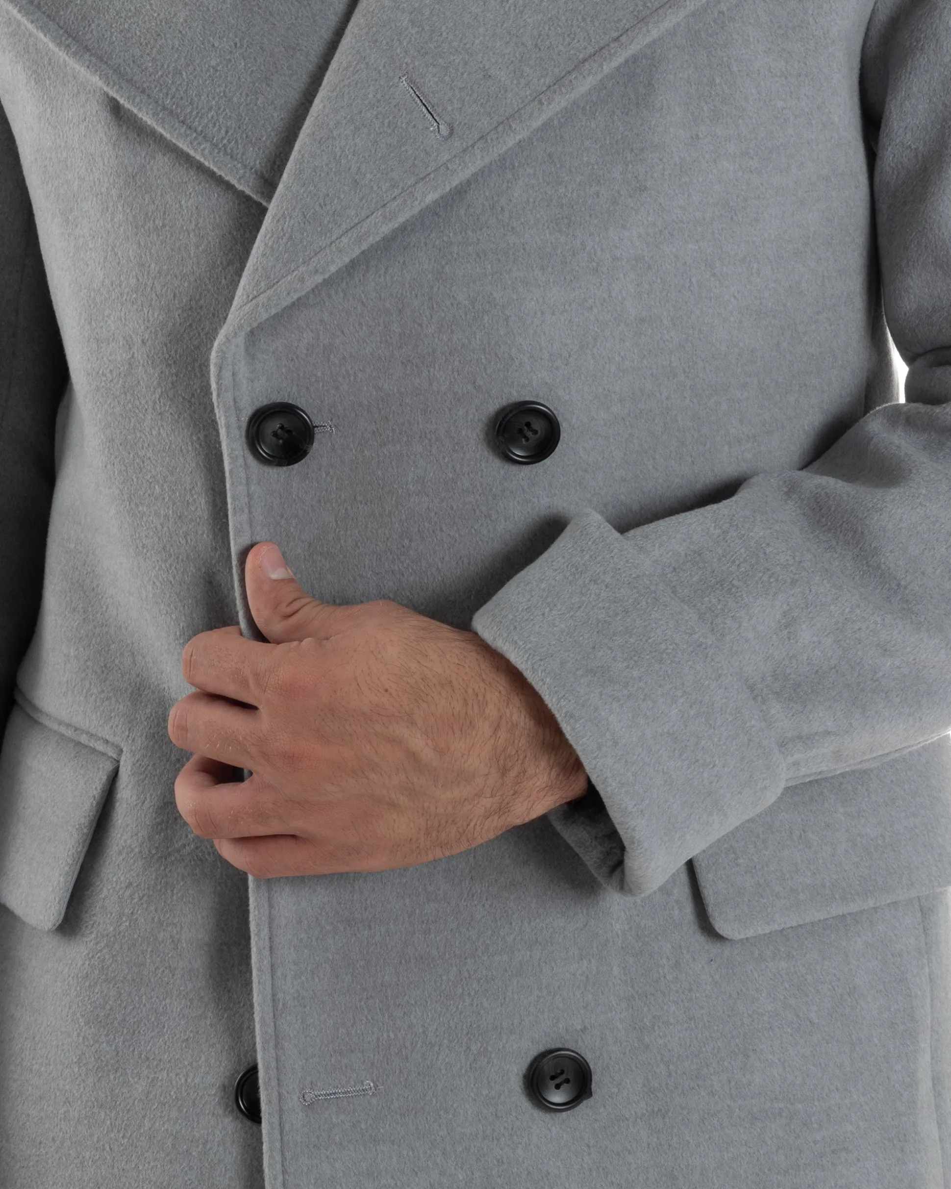 Cappotto Uomo Doppiopetto Lungo Revers A Lancia Tessuto Panno Tinta Unita Grigio CO1084A