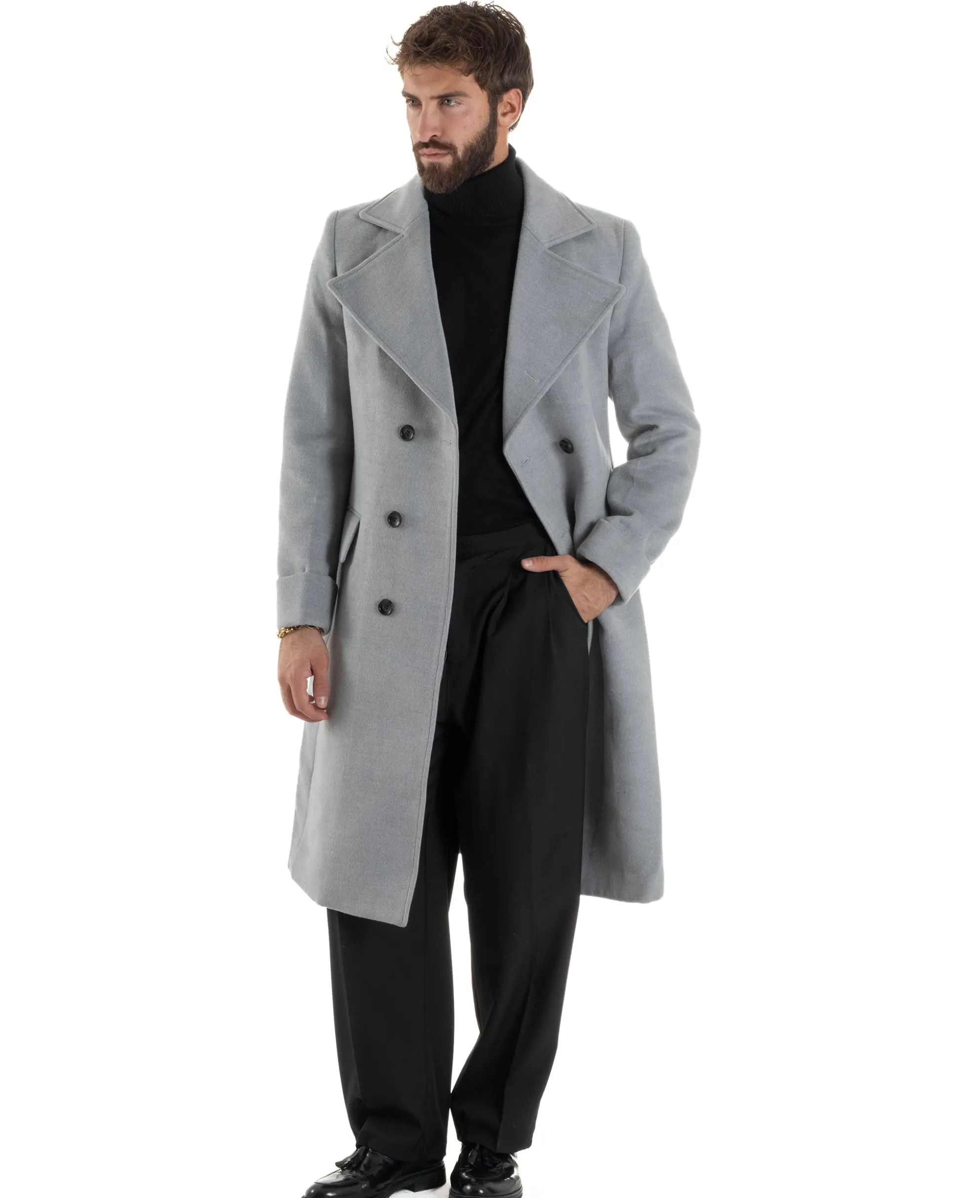 Cappotto Uomo Doppiopetto Lungo Revers A Lancia Tessuto Panno Tinta Unita Grigio CO1084A