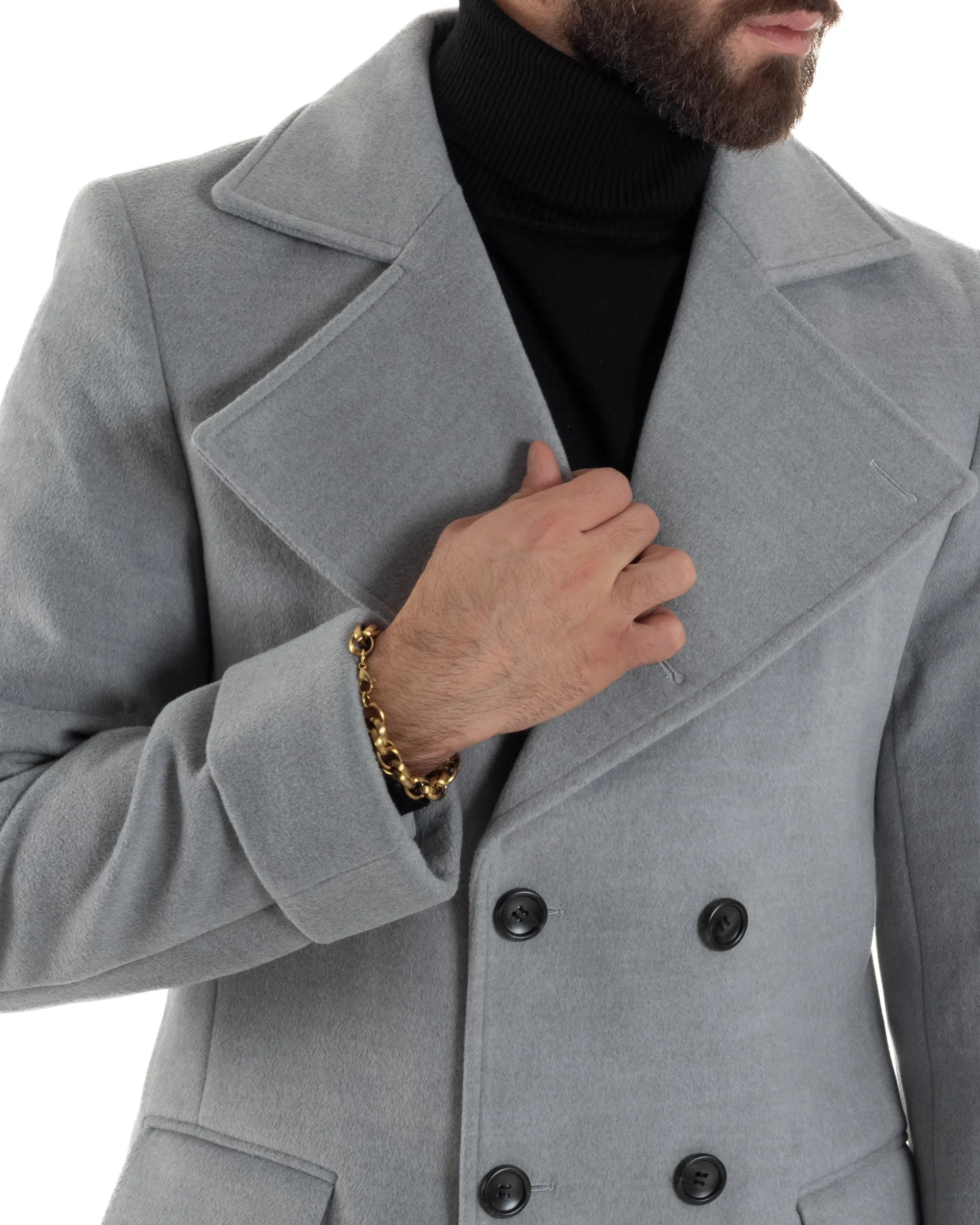Cappotto Uomo Doppiopetto Lungo Revers A Lancia Tessuto Panno Tinta Unita Grigio CO1084A