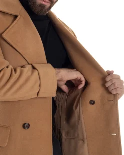 Cappotto Uomo Doppiopetto Lungo Revers A Lancia Tessuto Panno Tinta Unita Camel CO1086A